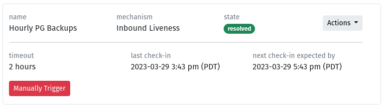 Screenshot of an inbound liveness (heartbeat) check in HeyOnCall for monitoring a database backup cron job, showing the timeout, status, and check-in timestamp.