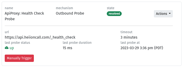 Screenshot of an HTTP probe in HeyOnCall, showing the URL, status, and latency