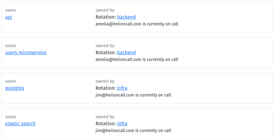 Screenshot of a list of services in HeyOnCall, showing that different on-call rotations are responsible for different services.