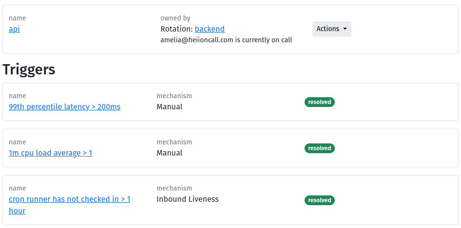 Screenshot of a list of triggers in HeyOnCall, showing different types of triggers.